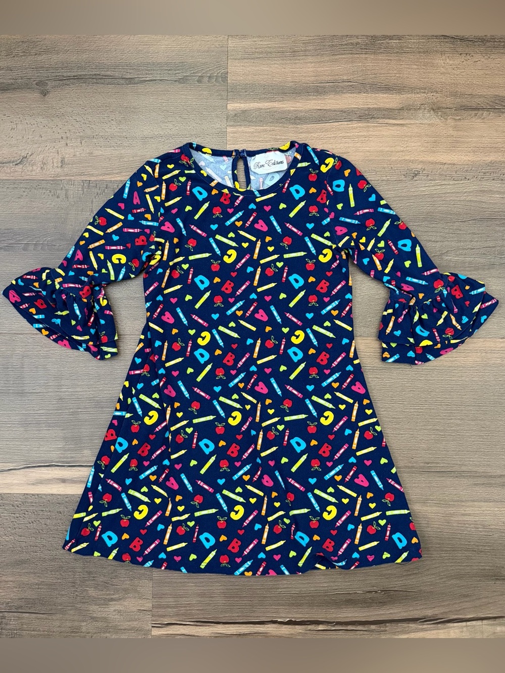 Rare Editions Back To School ABC Crayon Print Ruffle Sleeve Dress Size 4T